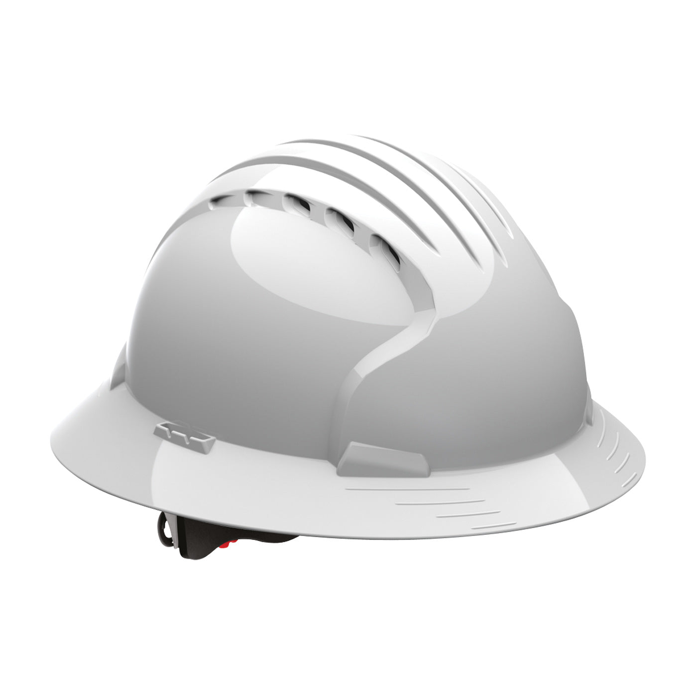 Evolution Deluxe 6161 6-point polyester suspension and wheel ratchet class c type I full brim hard hat in white | Front Right View