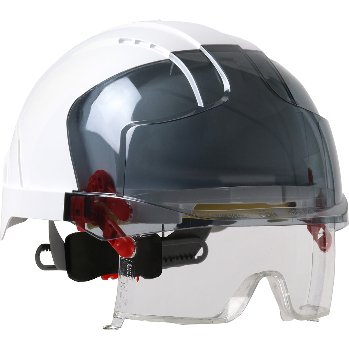 EVO VISTAlens 6-point polyester suspension and wheel ratchet class g type I safety helmet in white | Front Right View