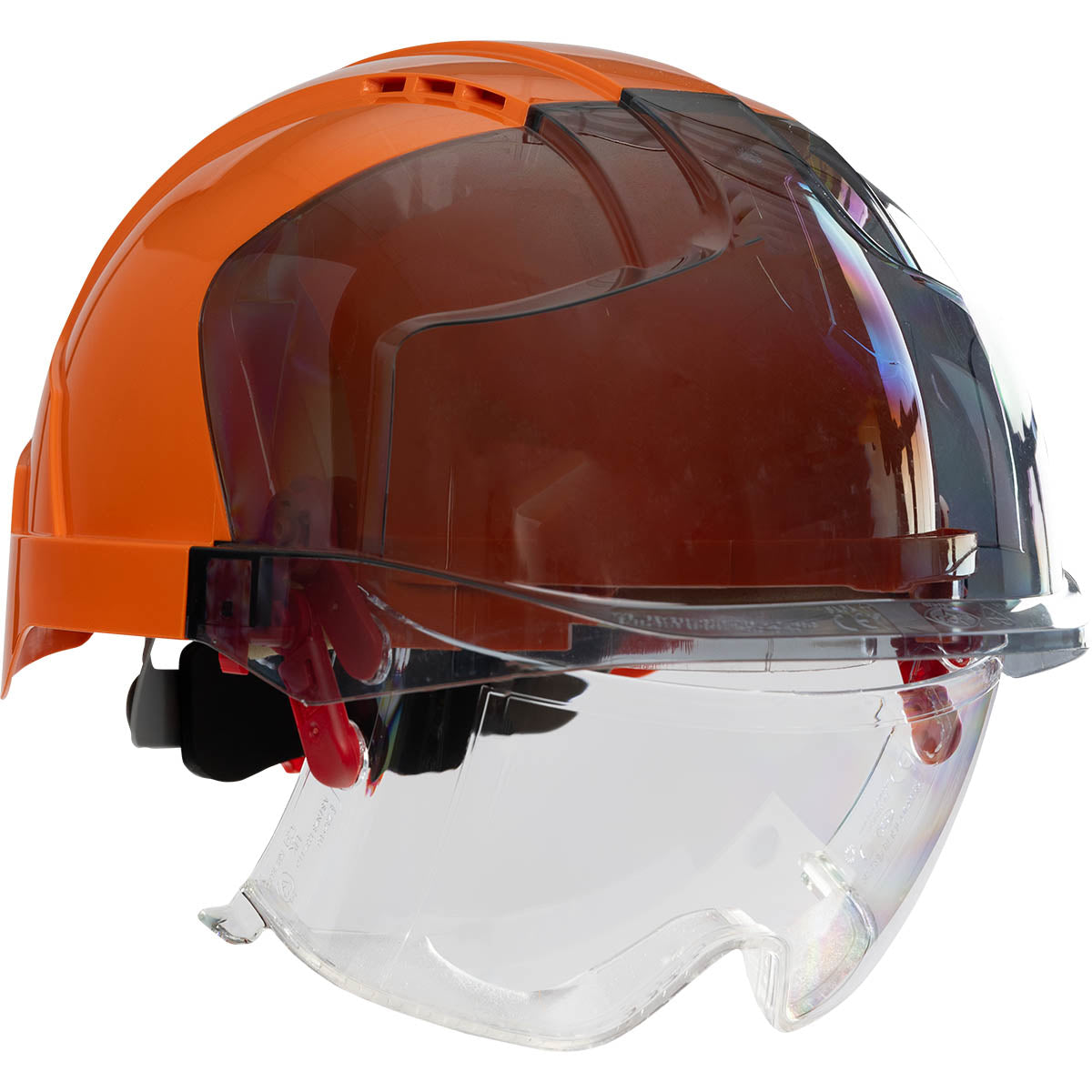 EVO VISTAlens 6-point polyester suspension and wheel ratchet class c type I safety helmet in orange | Front Right View