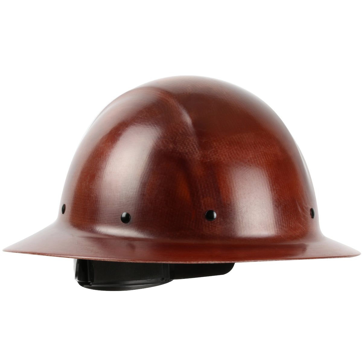 Wolfjaw 8 pt. riveted textile suspension and wheel ratchet class g type I full brim hard hat in brown | Front Right View