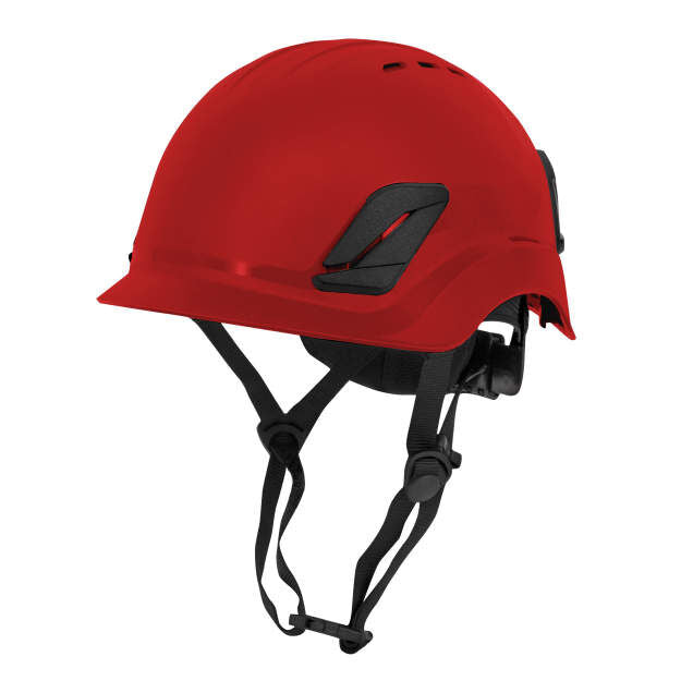 Titanium ratchet suspension class c type I climbing style helmet in red | Front Left View