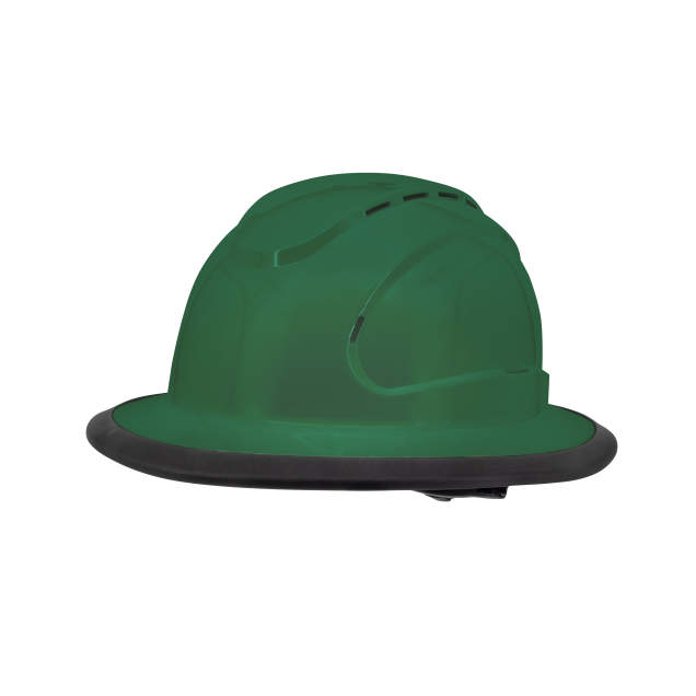 The Judge 6 pt ratchet fill brim hard hat in green | side view