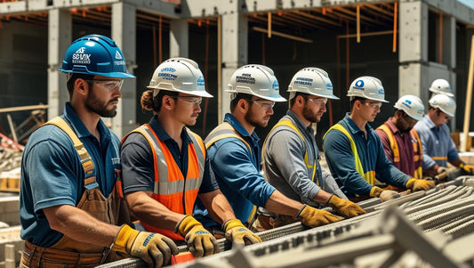 Constuction workers wearing customized hard hat with their logos in the construction site.