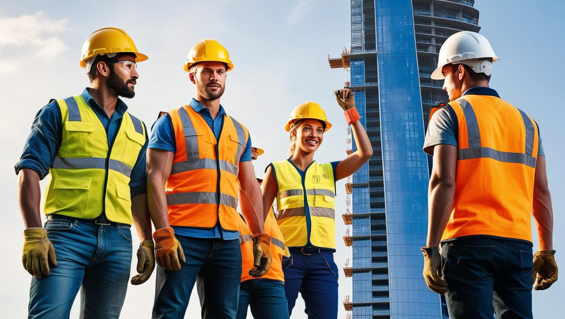 Construction workers wearing yellow custom hard hat in the contruction site
