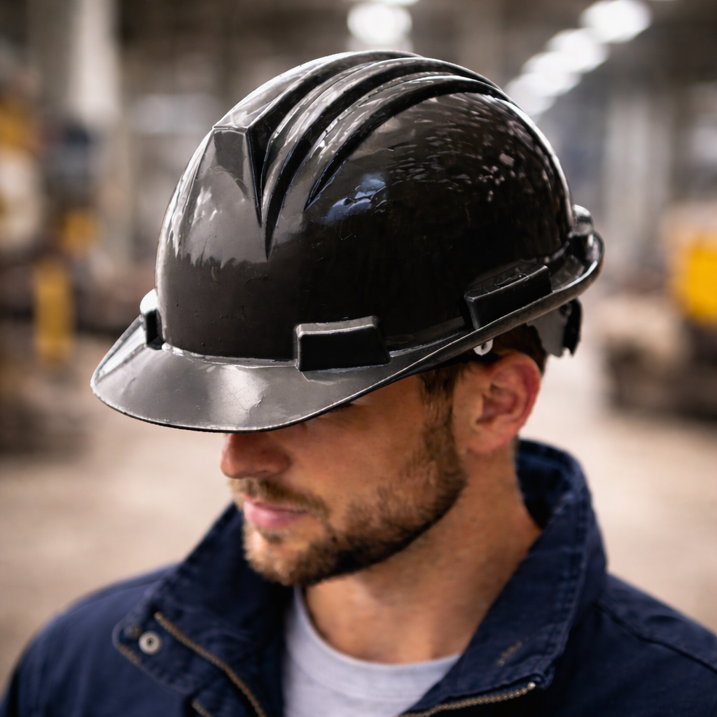 Black hard hat in sharp focus worn by worker with blurred industrial background emphasizing helmet color for fast category navigation