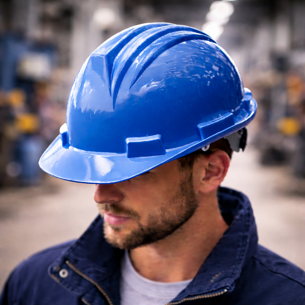 Blue hard hat in sharp focus worn by worker with blurred industrial background highlighting helmet color for quick category navigation