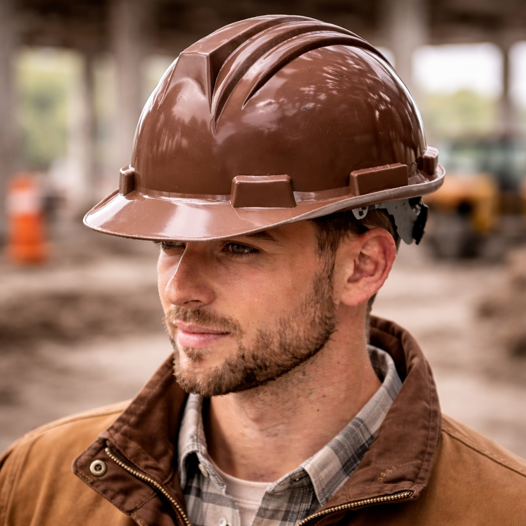 Brown hard hat in sharp focus worn by worker with blurred industrial background emphasizing helmet color for quick category navigation