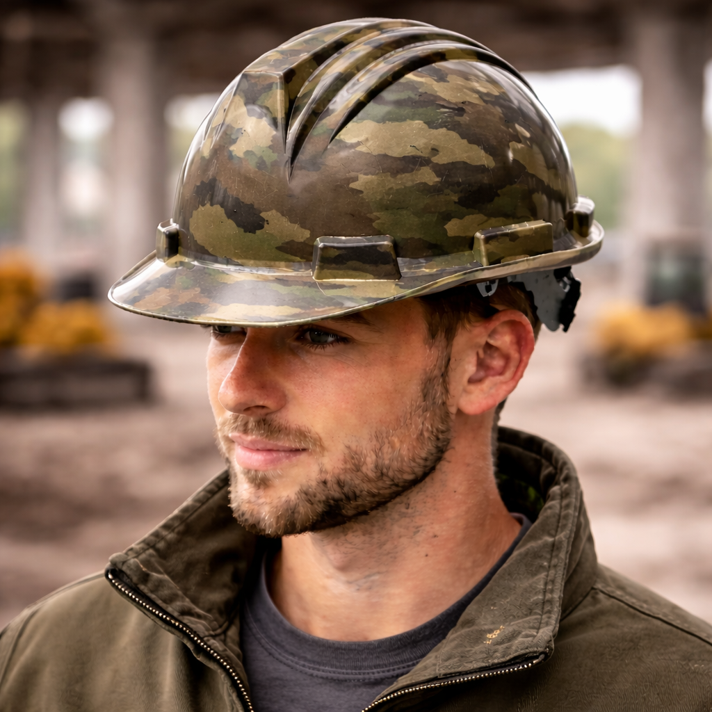Camouflage hard hat in sharp focus worn by worker with blurred industrial background emphasizing helmet pattern for quick category navigation