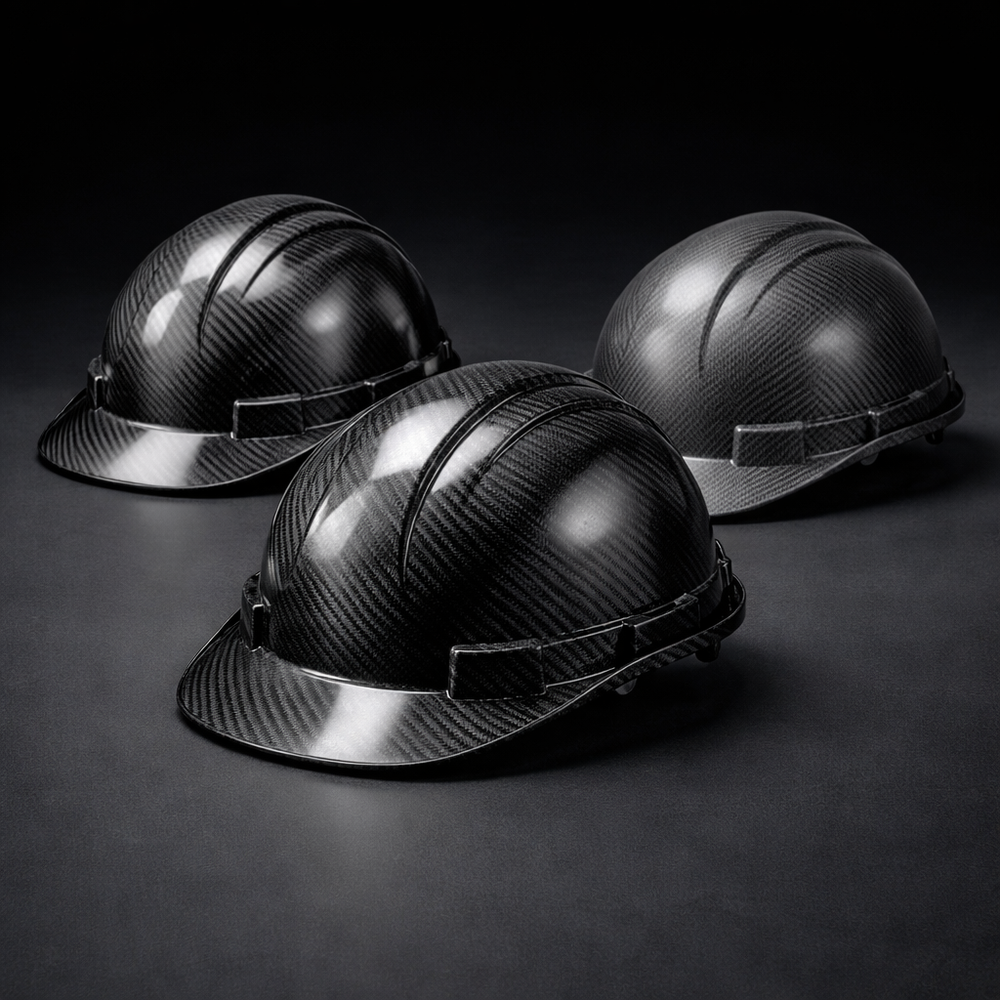 Premium carbon fiber hard hats with visible weave texture and glossy finish on a dark modern background highlighting strength and advanced helmet materials