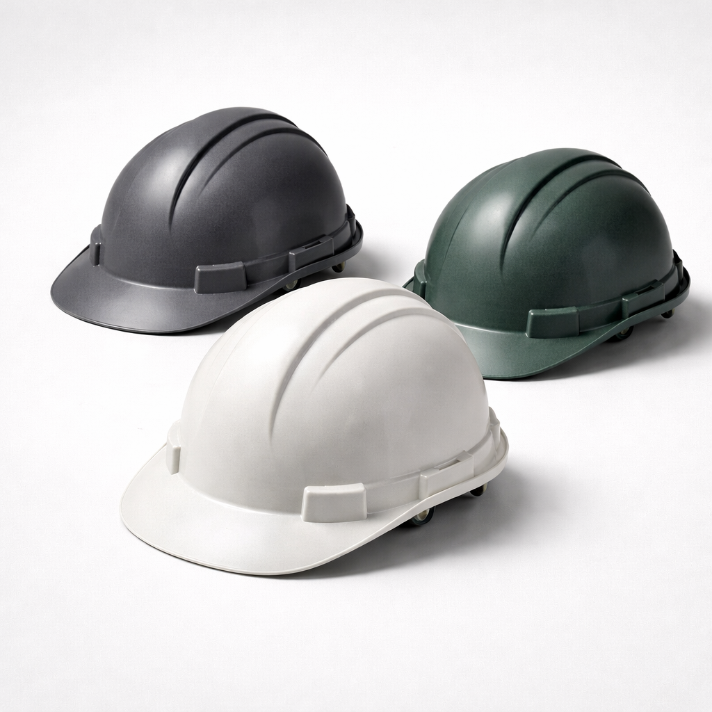 Composite hard hats with reinforced shell and subtle textured surface in neutral colors on a clean studio background highlighting durable advanced helmet materials