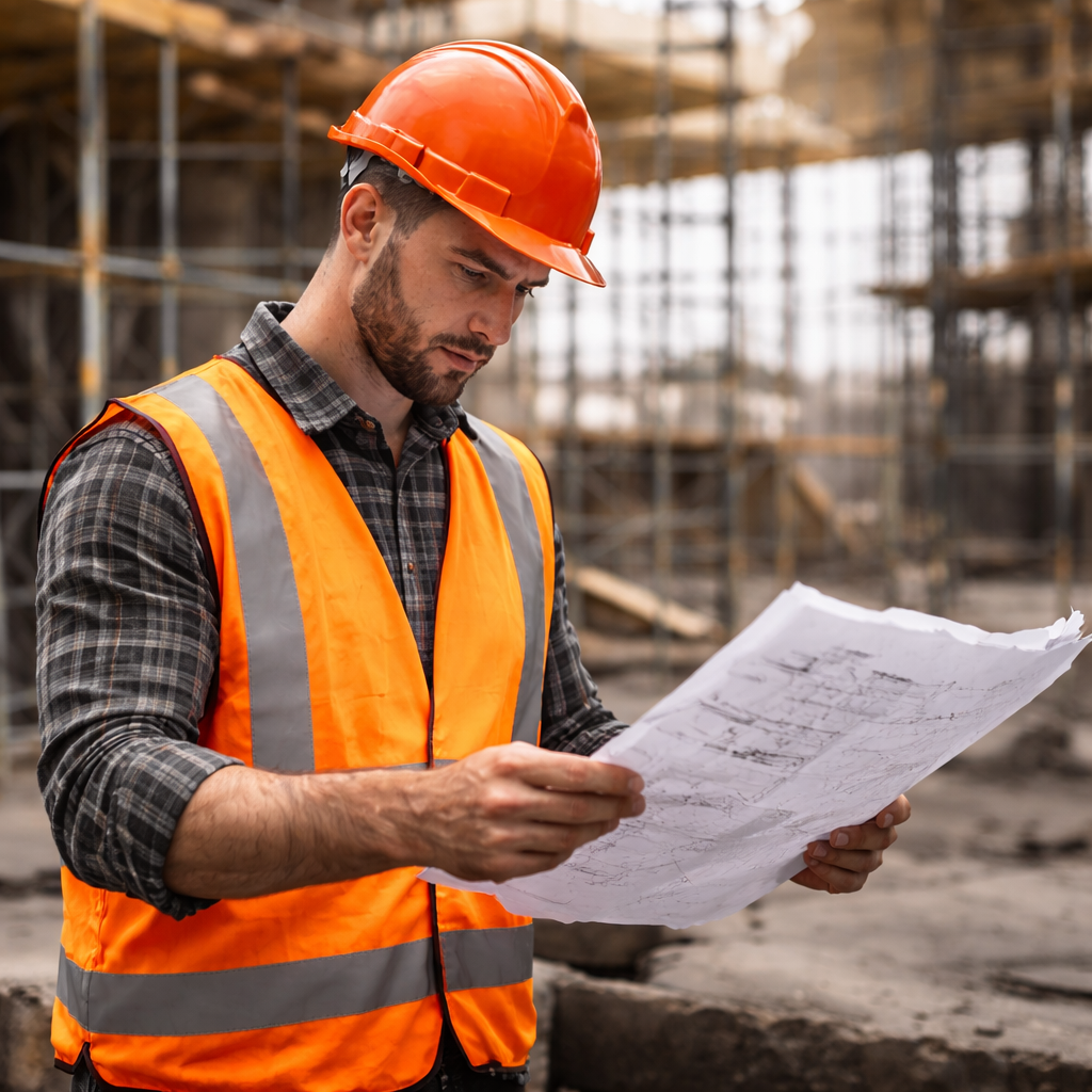 Construction worker wearing orange hard hat reviewing blueprints at active jobsite with blurred scaffolding and unfinished structure in background