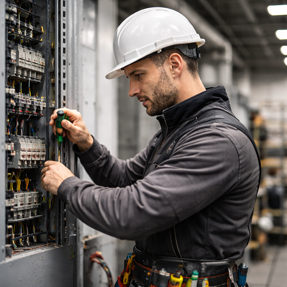 Electrician wearing white hard hat working on electrical panel with wiring and circuit components in industrial utility environment
