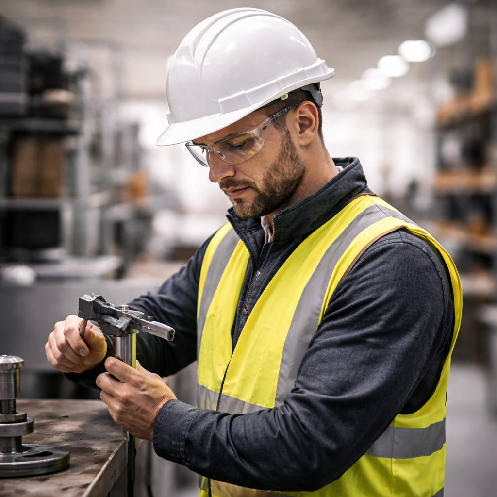 Engineer wearing white hard hat and safety vest using caliper to measure metal component in industrial engineering workshop