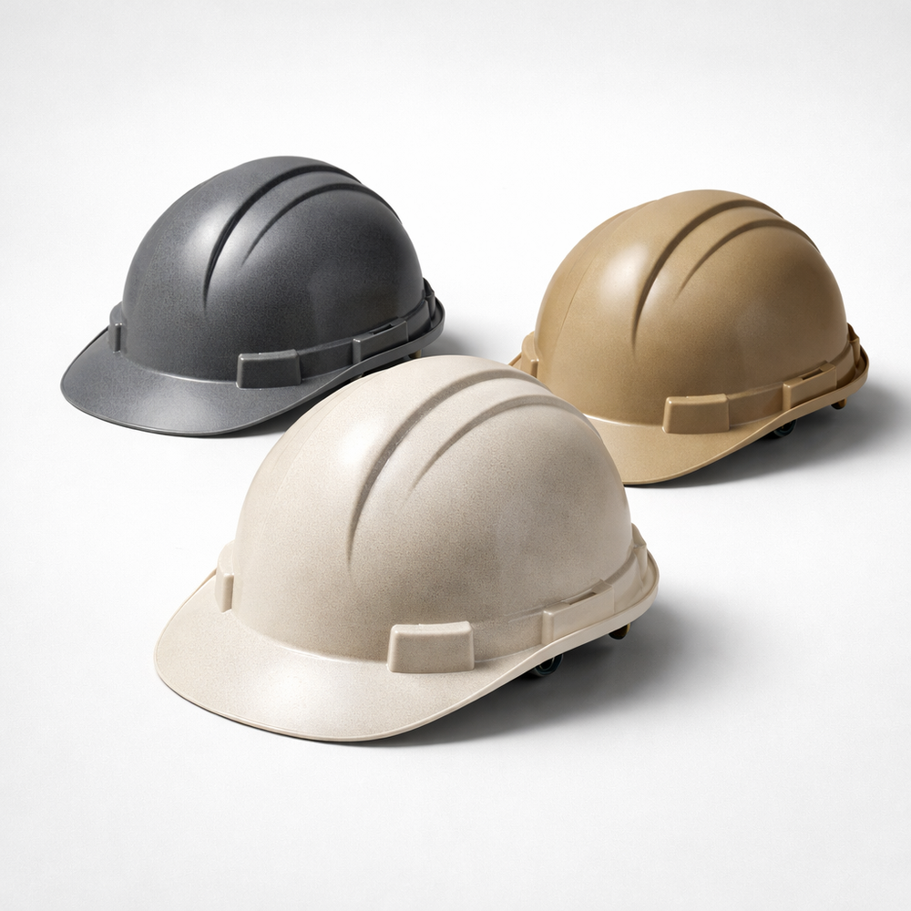 Fiberglass hard hats with textured rigid shell in neutral industrial colors on a clean studio background highlighting durability and heat-resistant helmet construction