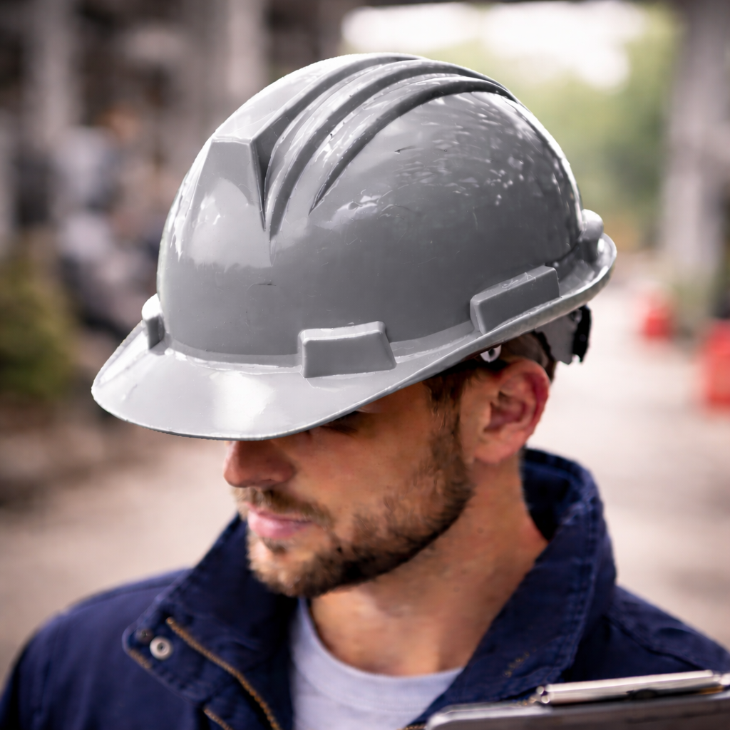 Gray hard hat in sharp focus worn by worker with blurred industrial background emphasizing helmet color for quick category navigation