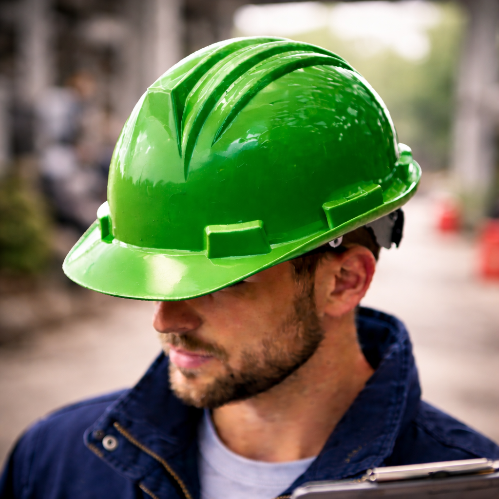 Green hard hat in sharp focus worn by safety inspector with blurred industrial background emphasizing helmet color for quick category navigation