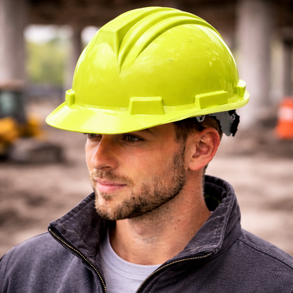 Hi vis lime hard hat in sharp focus worn by worker with blurred jobsite background emphasizing high visibility helmet color for quick category navigation