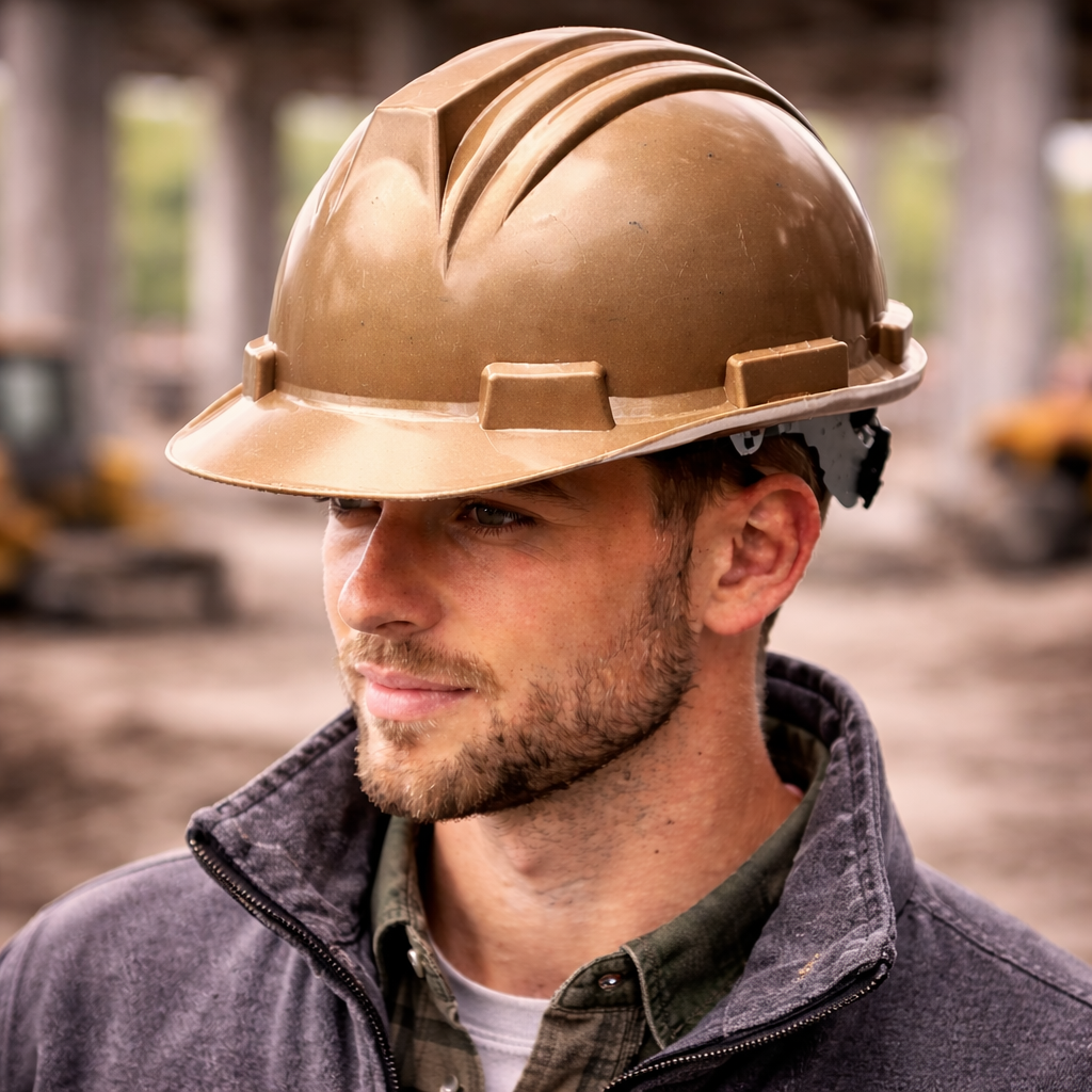 Metallic hard hat in silver or gold finish in sharp focus worn by worker with blurred industrial background emphasizing helmet color for quick category navigation