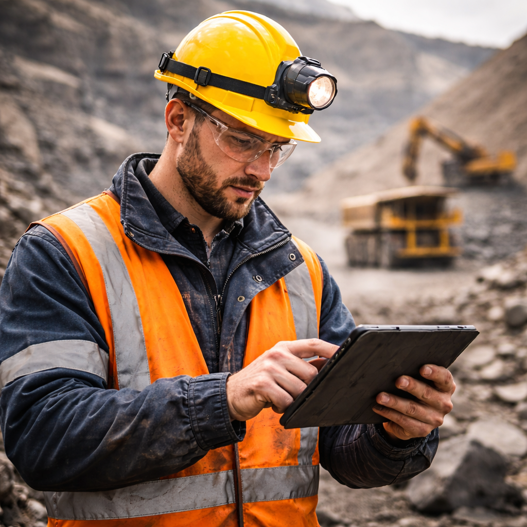Mining worker wearing yellow hard hat and safety vest using tablet at open pit mine with heavy equipment and rocky terrain in background