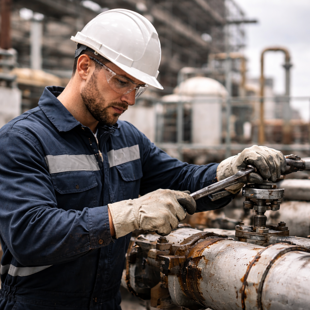 Oil and gas worker wearing white hard hat tightening pipeline valve at industrial energy facility with refinery equipment in background