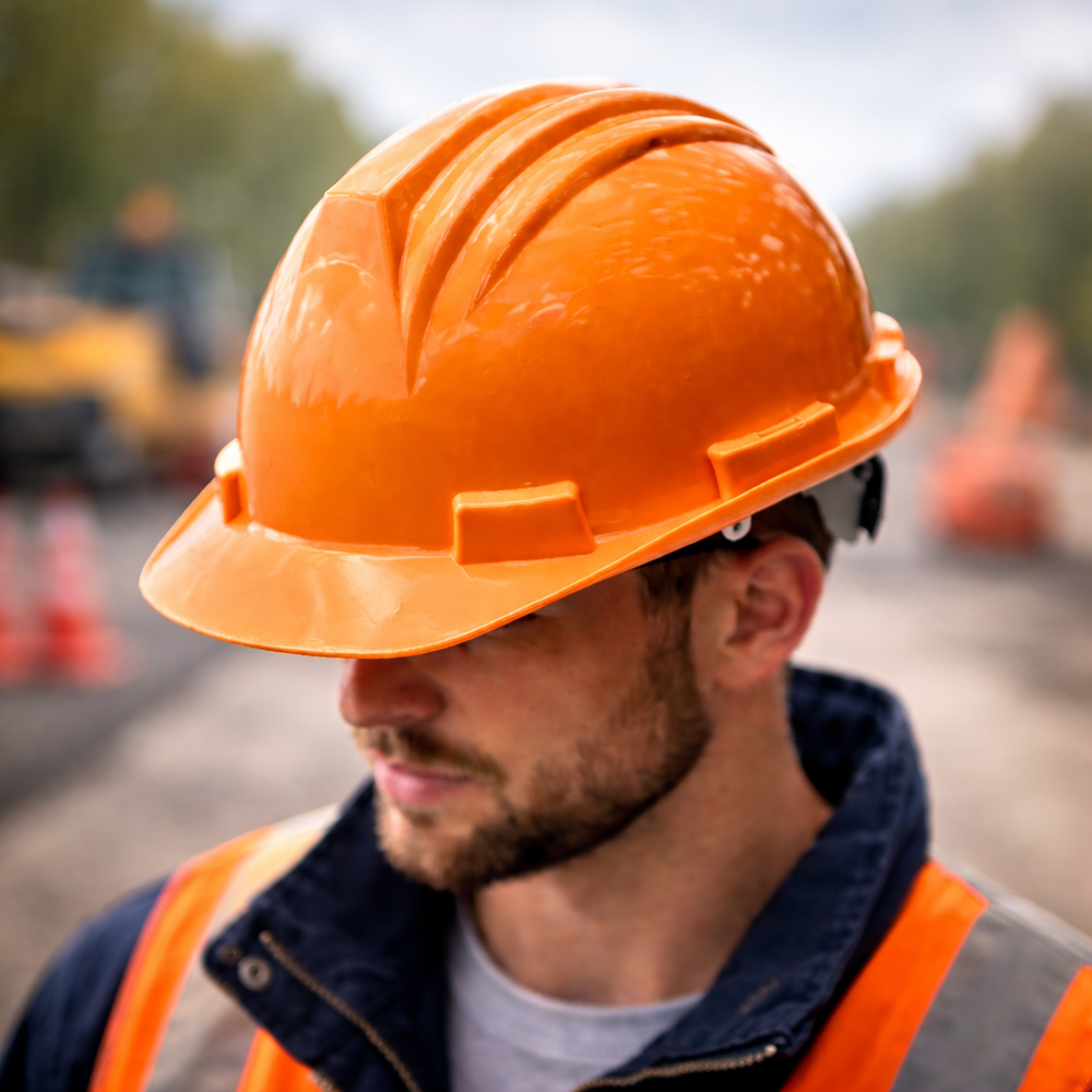 Orange hard hat in sharp focus worn by road construction worker with blurred paving site background emphasizing helmet color for quick navigation