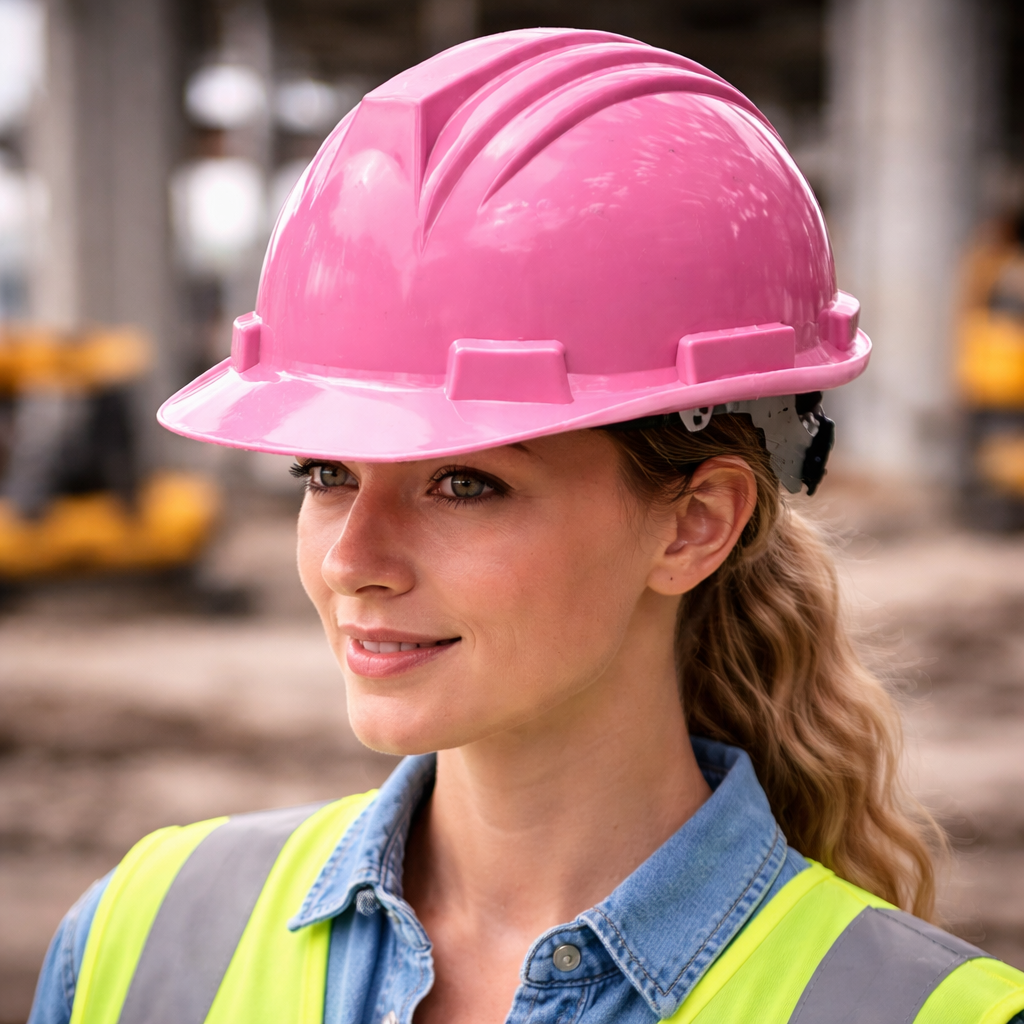 Pink hard hat in sharp focus worn by worker with blurred jobsite background emphasizing helmet color for quick category navigation