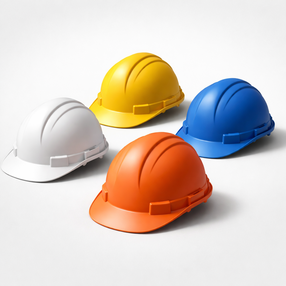 Matte polyethylene hard hats in white, yellow, blue, and orange on a clean neutral background showing lightweight molded plastic construction