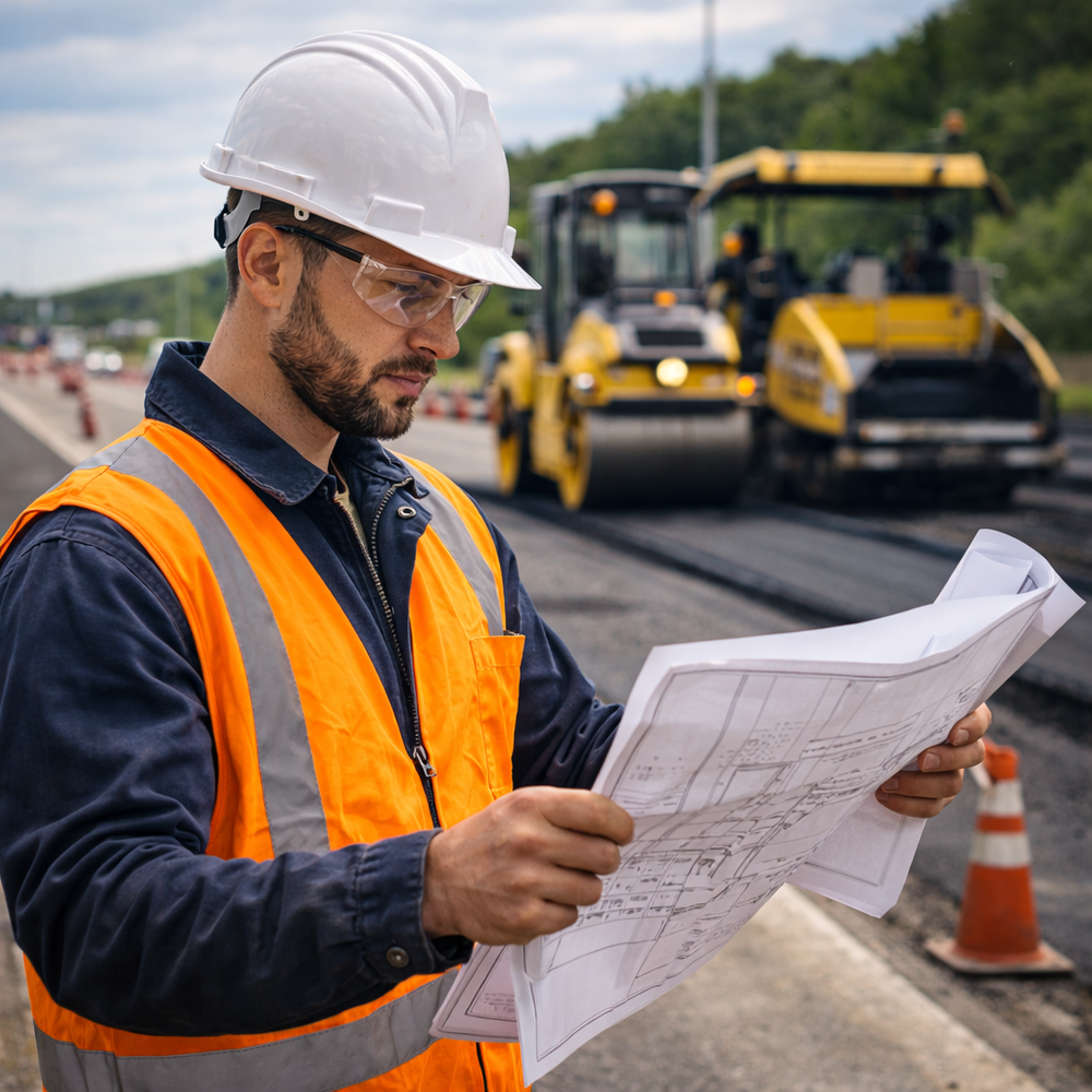 Road construction worker wearing white hard hat reviewing plans at active paving site with asphalt equipment and traffic cones in background