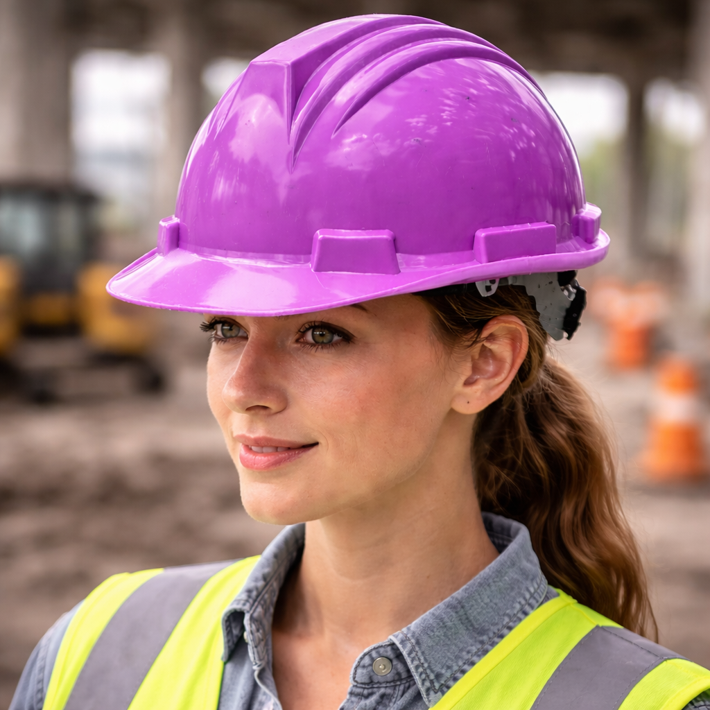 Purple hard hat in sharp focus worn by worker with blurred industrial background emphasizing helmet color for quick category navigation