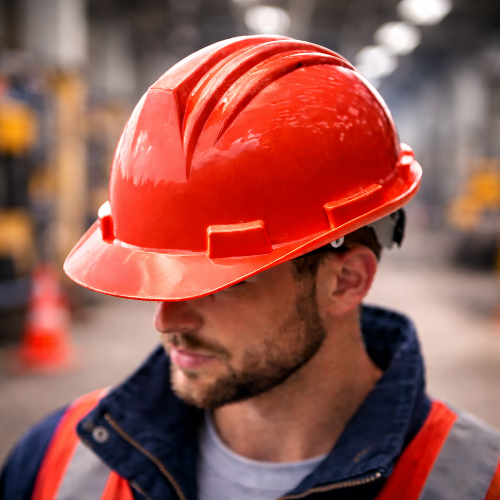 Red hard hat in sharp focus worn by industrial worker with blurred worksite background highlighting helmet color for quick category navigation