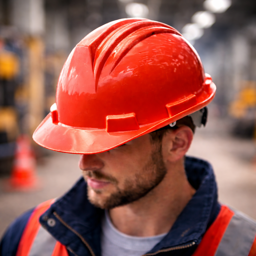 Red hard hat in sharp focus worn by industrial worker with blurred worksite background highlighting helmet color for quick category navigation