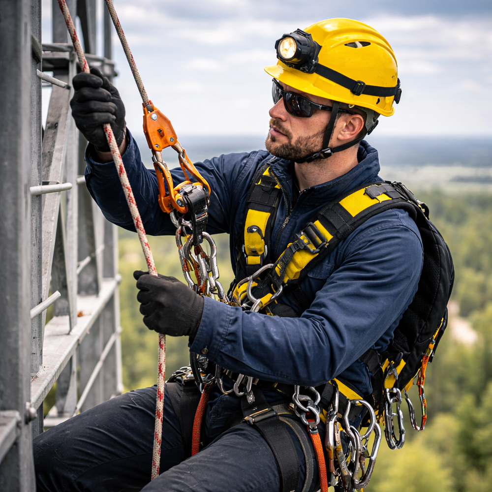 Rope access technician wearing yellow hard hat and safety harness climbing industrial structure with fall protection gear and vertical work environment