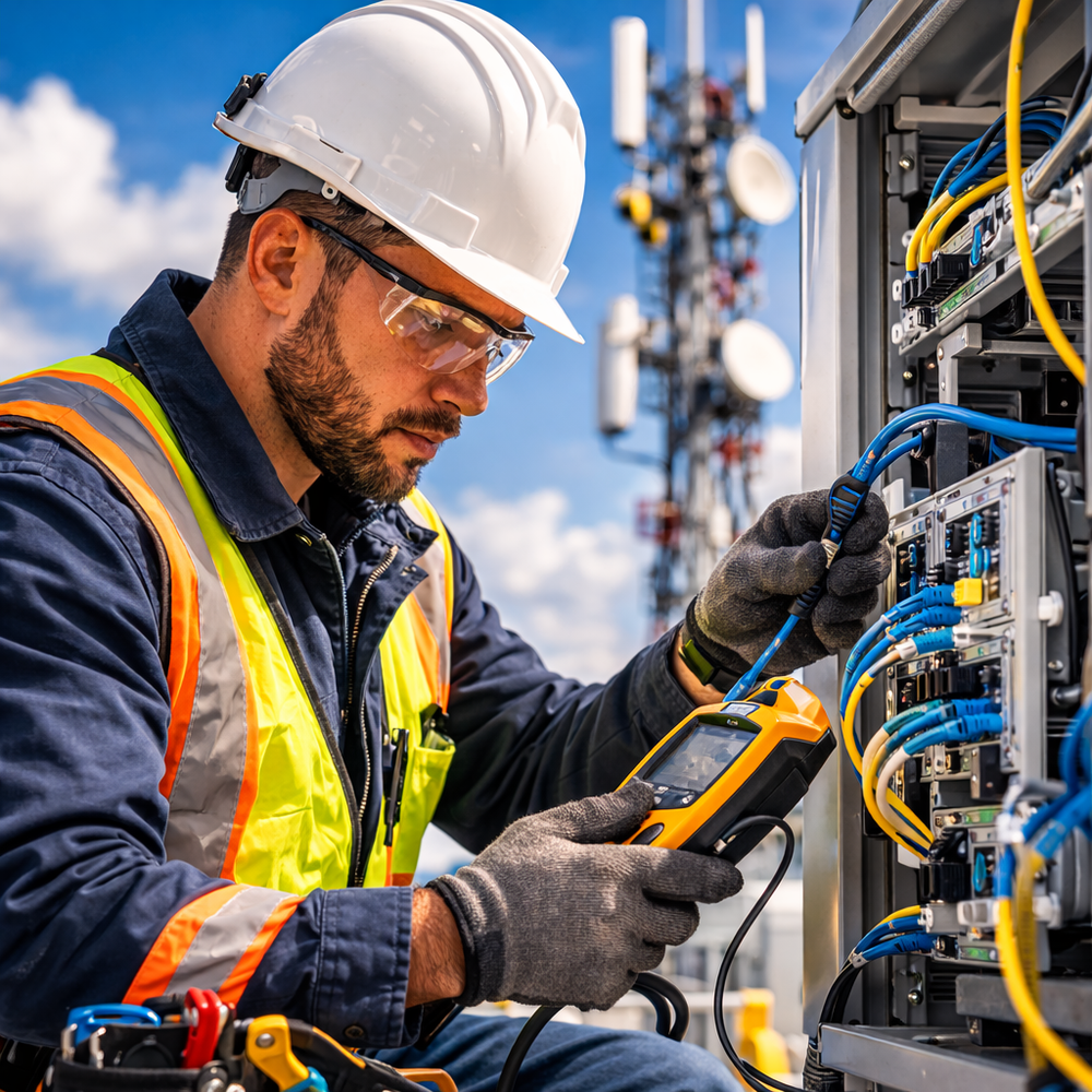 Telecommunications technician wearing white hard hat testing network cables at rooftop telecom equipment cabinet with tower and antennas in background