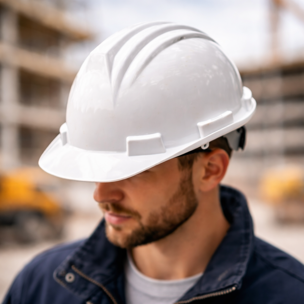White hard hat in sharp focus worn by construction supervisor with blurred jobsite background highlighting helmet color for quick category navigation
