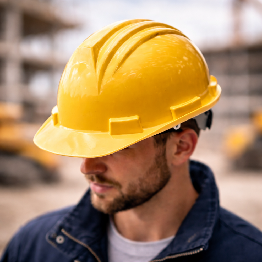 Yellow hard hat in sharp focus worn by construction worker with blurred jobsite background emphasizing helmet color for fast category selection