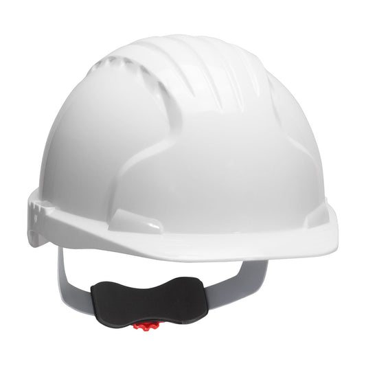 Evolution wheel ratchet class e type I cap style hard hat in white | Front View