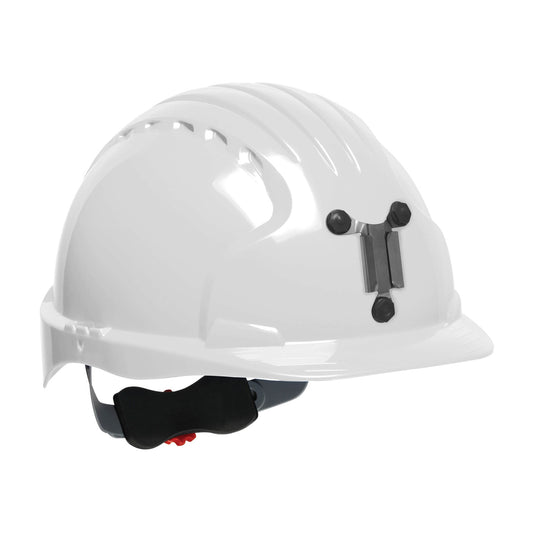 Evolution Deluxe 6161 wheel ratchet class c type I standard brim hard hat in white | Front Right View