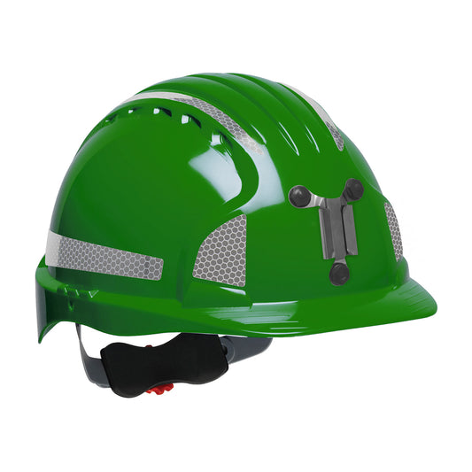 Evolution Deluxe 6161 wheel ratchet class c type I standard brim hard hat in green | Front Right View