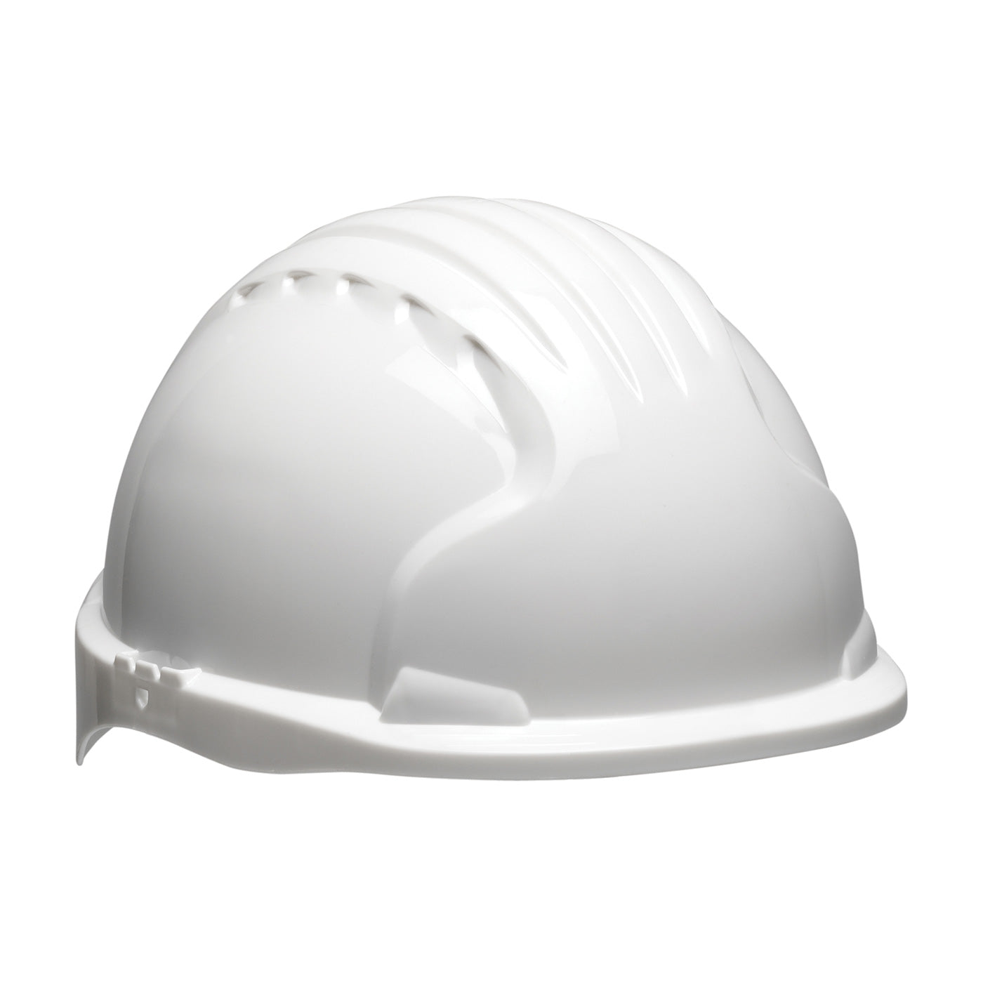 Evolution Deluxe 6161 wheel ratchet class e type I standard brim hard hat in white | Front Right View