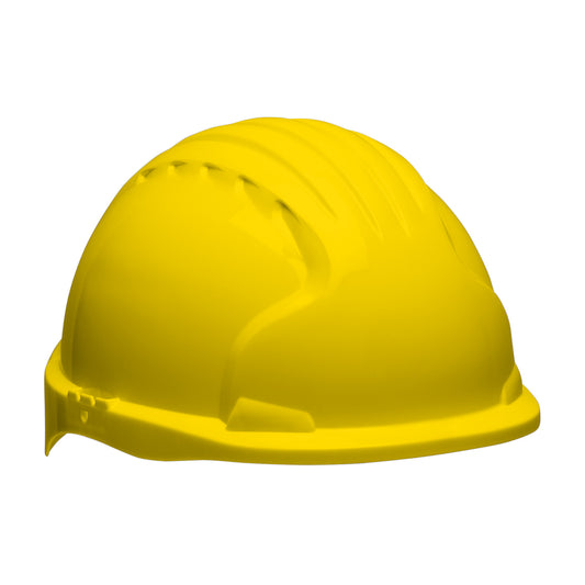 Evolution Deluxe 6161 wheel ratchet class e type I standard brim hard hat in yellow | Front Right View