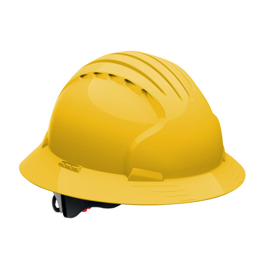 Evolution Deluxe 6161 wheel ratchet  class e type I full brim hard hat in yellow | Front Right View