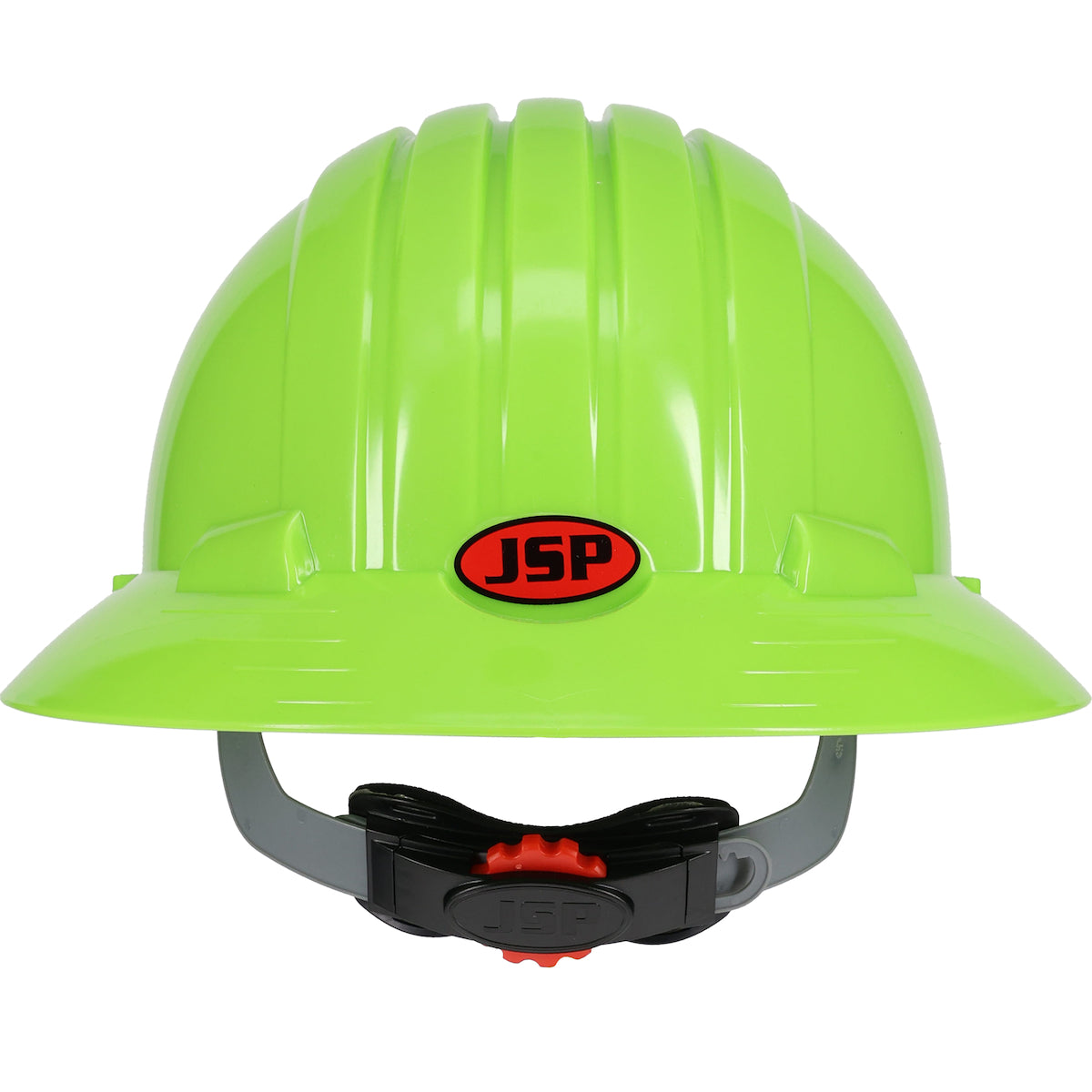 Evolution Deluxe 6161 wheel ratchet  class e type I full brim hard hat in hi-viz green | Back View