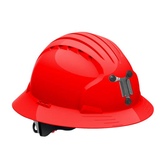 Evolution Deluxe 6161 wheel ratchet class c type I full brim hard hat in red | Front Right View