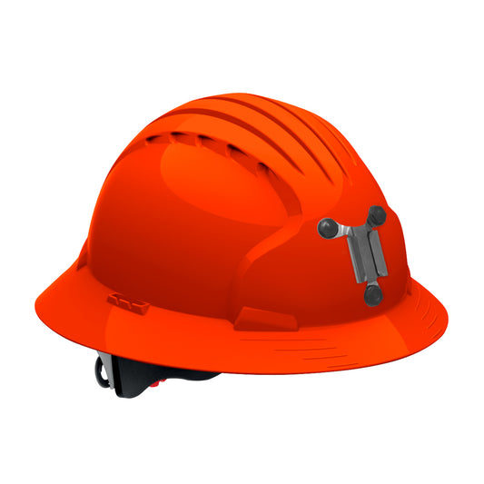 Evolution Deluxe 6161 wheel ratchet class c type I full brim hard hat in hi-viz orange | Front Right View