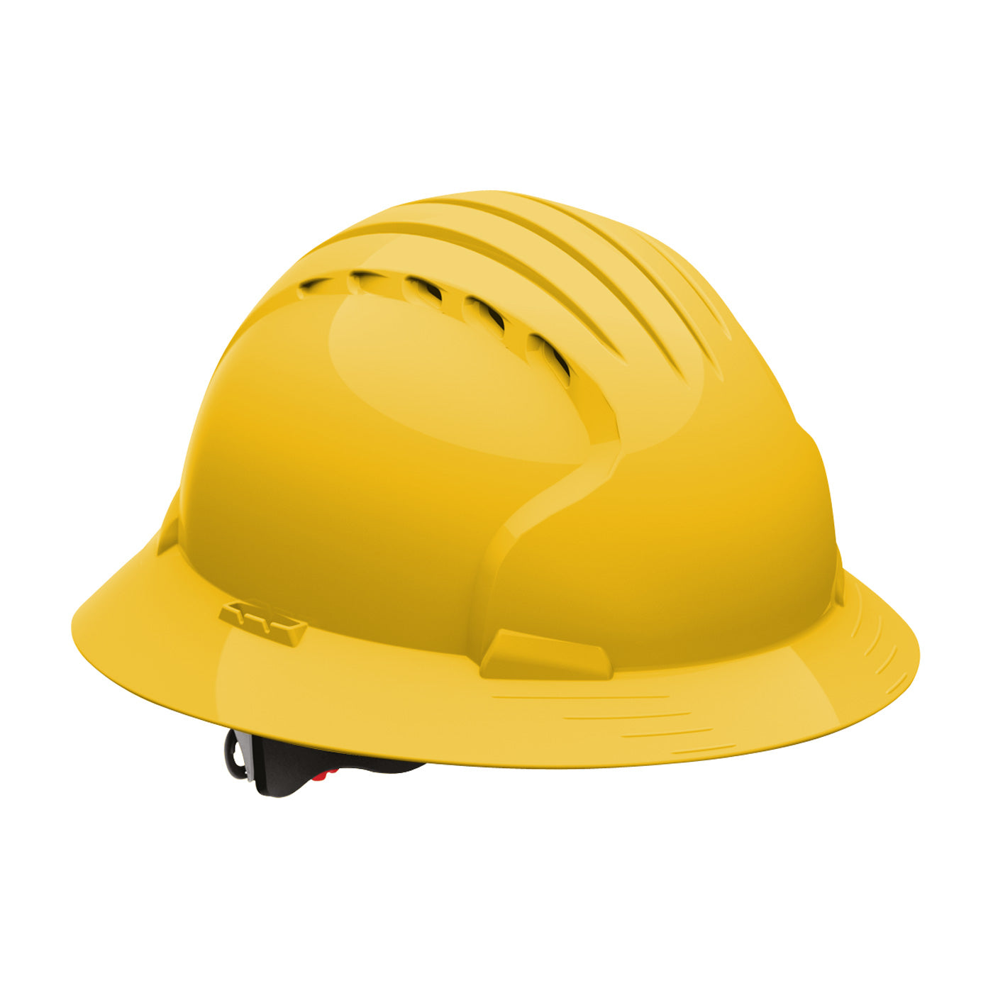 Evolution Deluxe 6161 6-point polyester suspension and wheel ratchet class c type I full brim hard hat in yellow | Front Right View