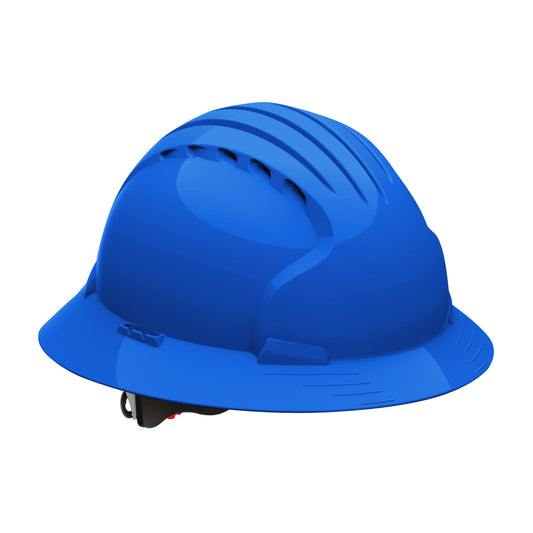Evolution Deluxe 6161 6-point polyester suspension and wheel ratchet class c type I full brim hard hat in blue | Front Right View
