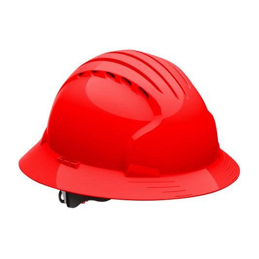Evolution Deluxe 6161 6-point polyester suspension and wheel ratchet class c type I full brim hard hat in red | Front Right View