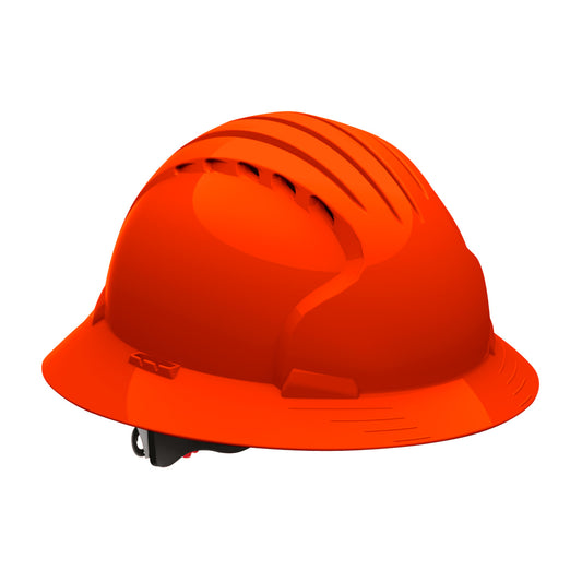 Evolution Deluxe 6161 6-point polyester suspension and wheel ratchet class c type I full brim hard hat in hi-viz orange | Front Rght View