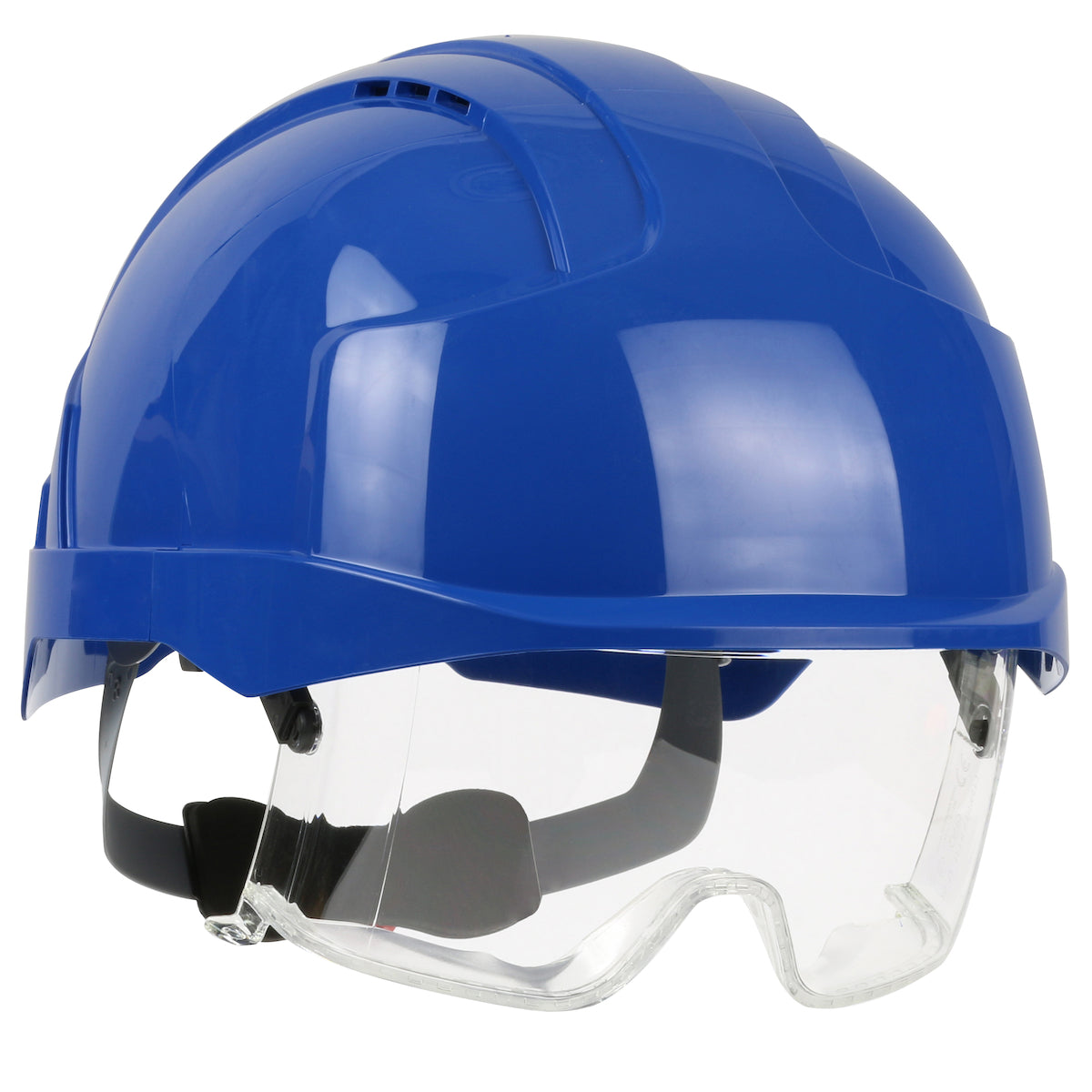 EVO VISTAlens 6-point polyester suspension and wheel ratchet class c type I safety helmet in blue | Front Right View