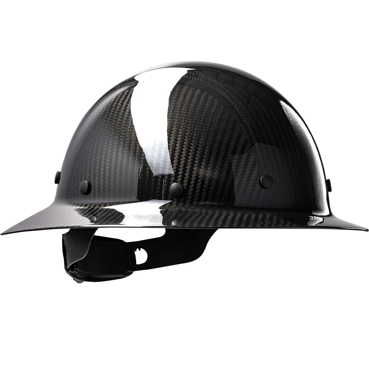 Wolfjaw 8 pt. riveted textile suspension and wheel ratchet class c type I full brim hard hat in black | Front Right View